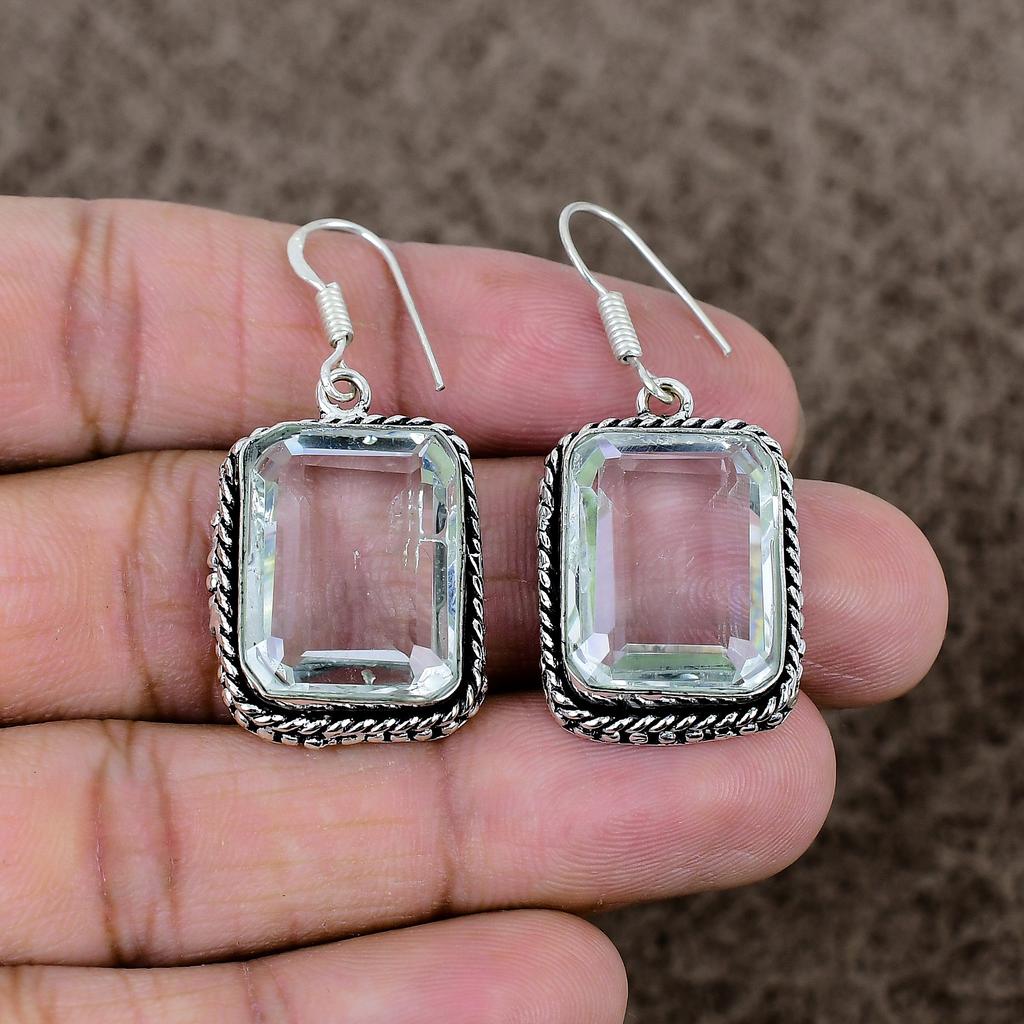 White Topaz Gemstone Handmade 925 Sterling Silver Jewelry Earring 1.77" KKG-1003