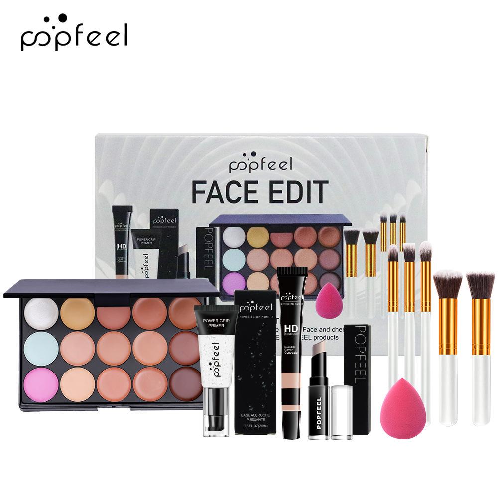 POPFEEL FACE EDIT Makeup Set - 15 Colors Concealer & Contour Palette, Power Grip Primer, HD Liquid Concealer, Brushes & Sponge Kit
