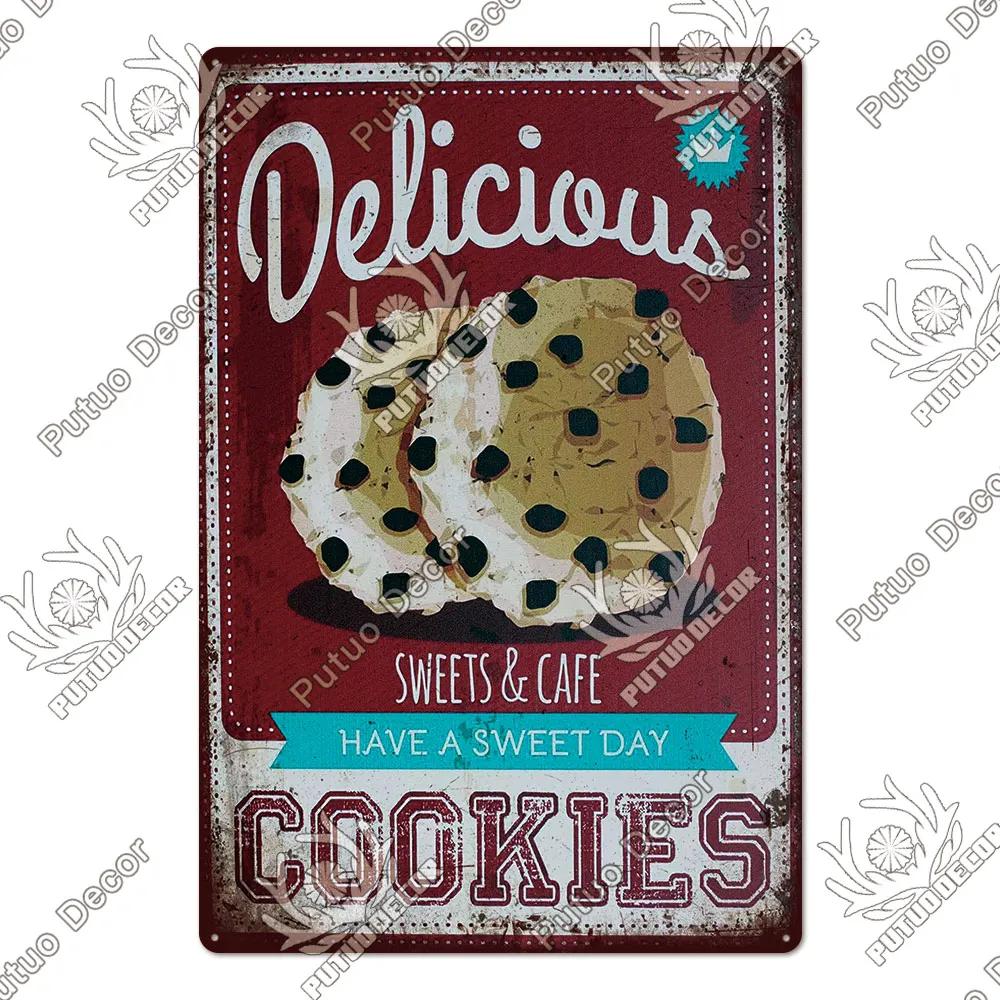 Putuo Decor Donuts Dessert Vintage Plaque Metal Plate Tin Sign Wall Art Decor Retro Poster for Kitchen Cafe Home Iron Painting