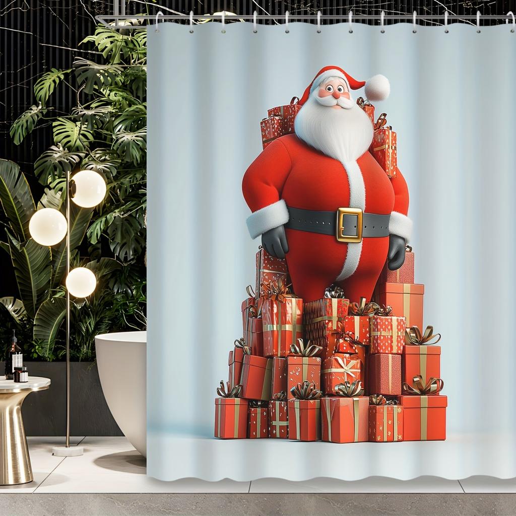 GAE1pc Christmas Winter Decoration Mini Three-Dimensional Santa Claus A Pile of Gift Boxes Printed Shower Curtains, Contains