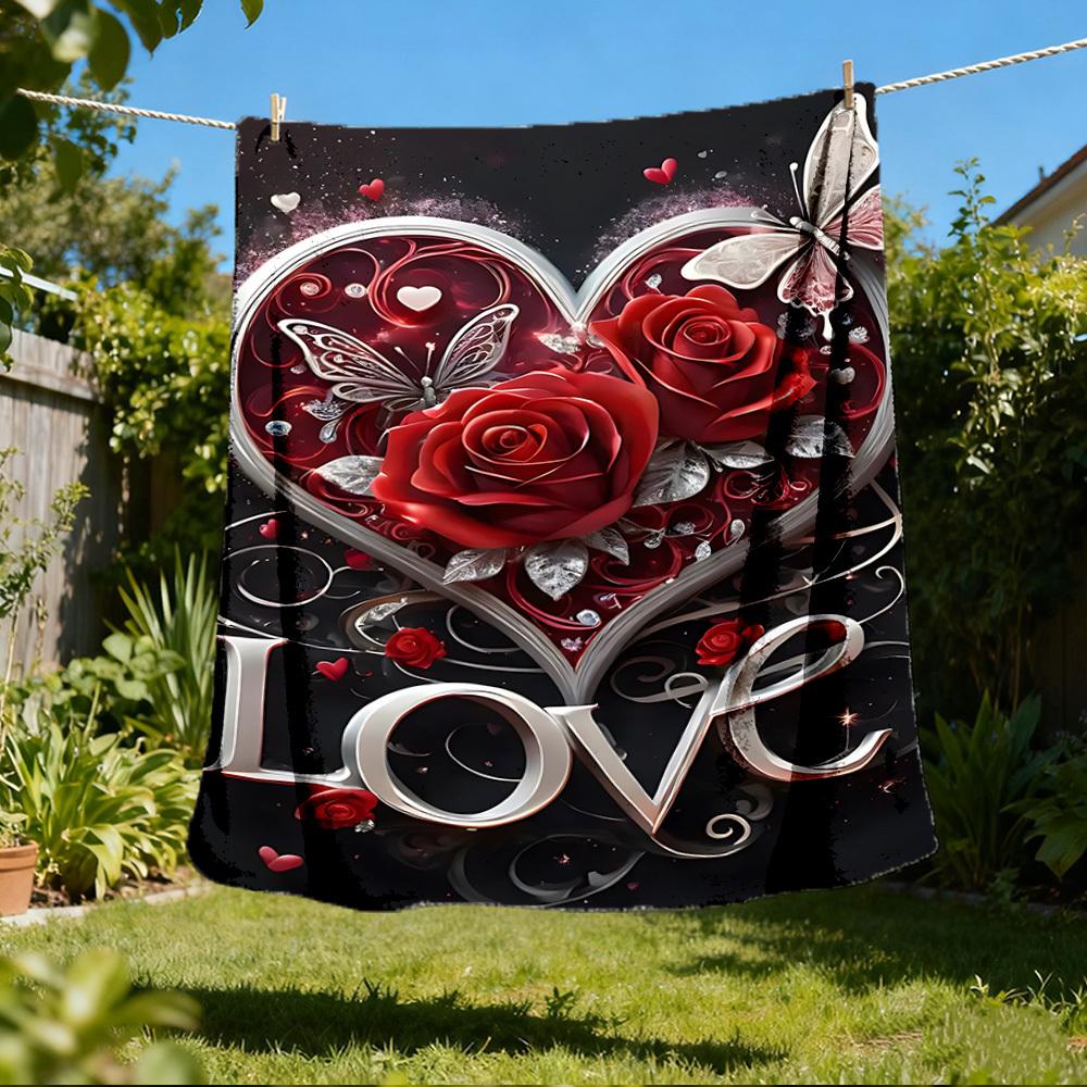 1pc Heart Roses Love Throw Blanket Polyester Fiber, Lightweight Flannel, Soft & Warm, All Season Use for Outdoor, Camping