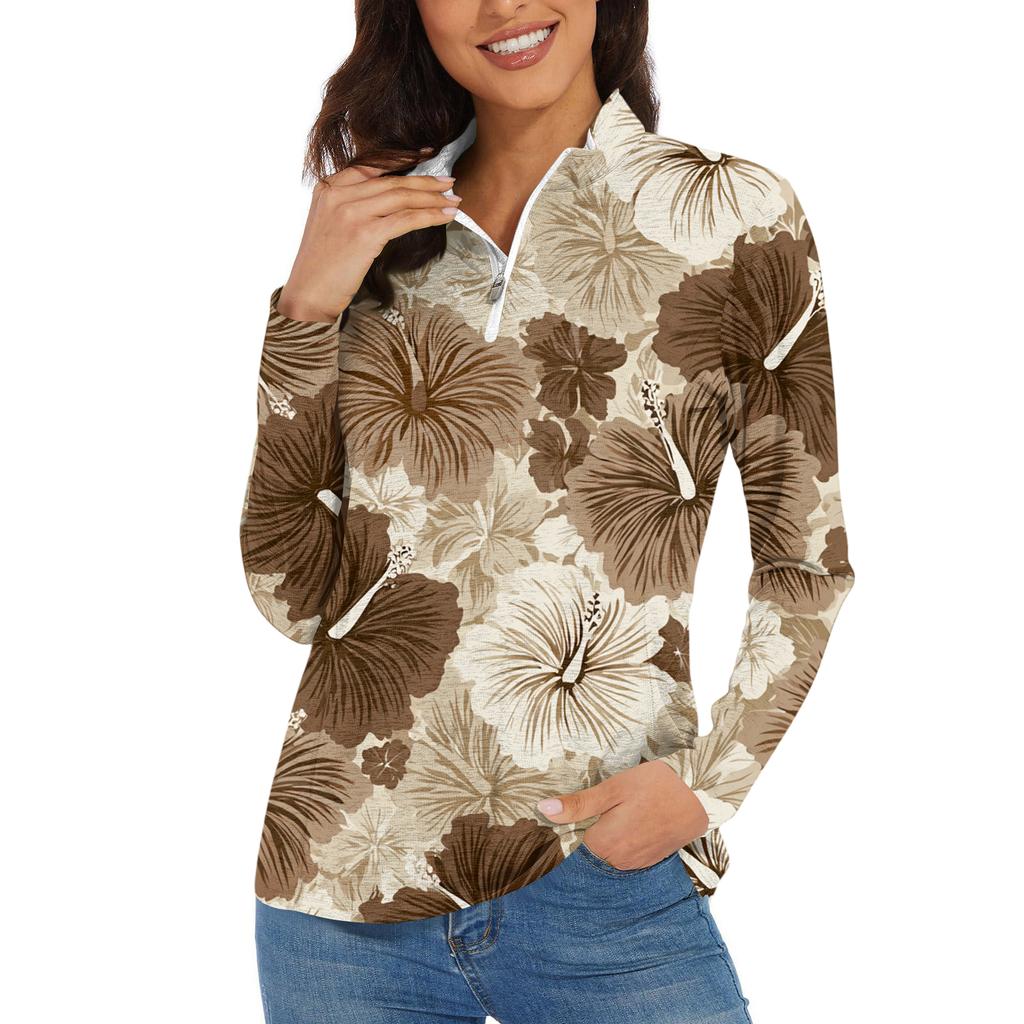 Women's Casual Fashion Retro Floral Print Long Sleeve Zipper Neck Top T-shirt