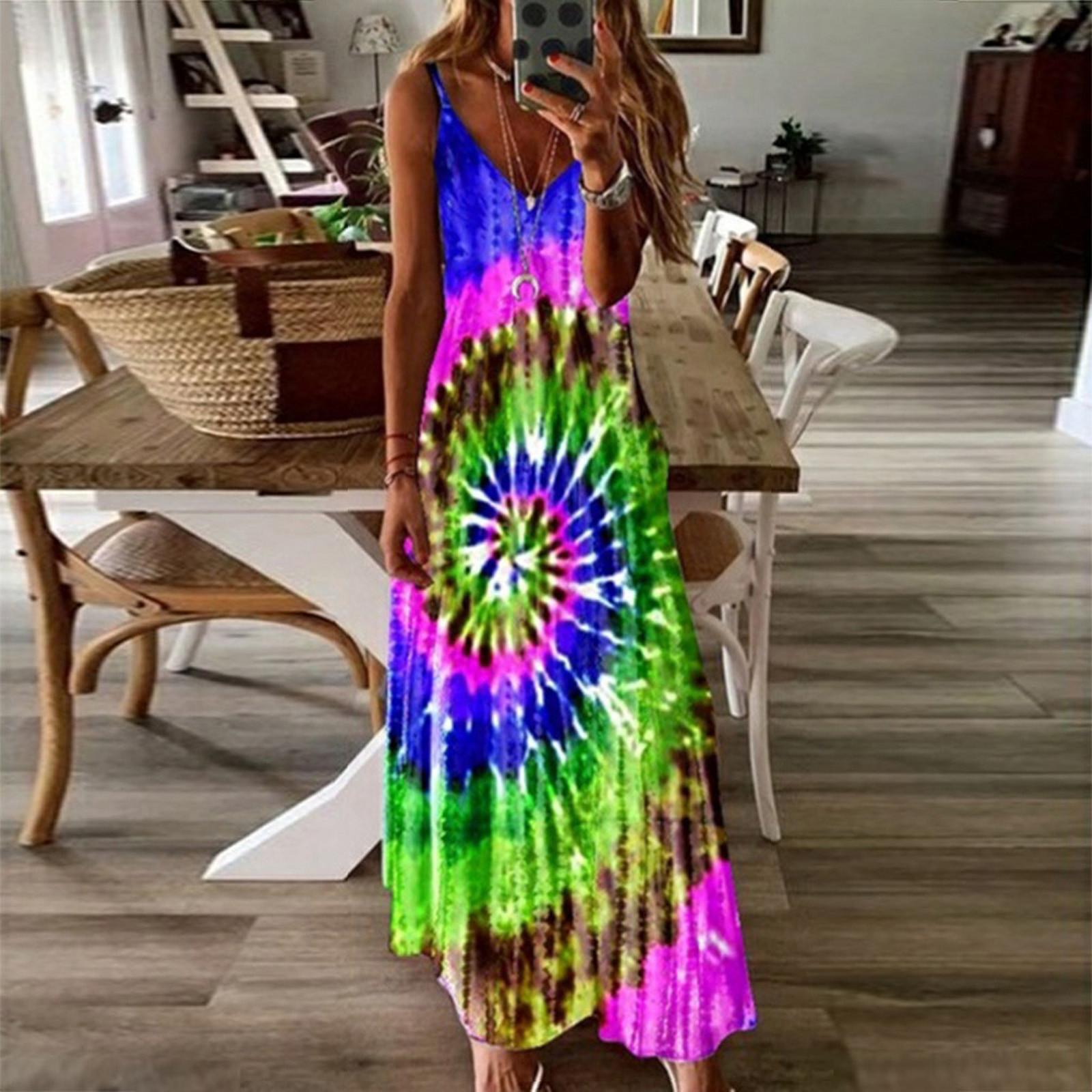 

Women s Sleeveless Loose V-Neck Plain Tie-dye Printing Maxi Dresses Long Dress L