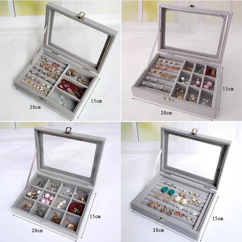 New Velvet Glass Ring Earring Jewelry Display Organizer Box Tray Holder Storage Case Amagi