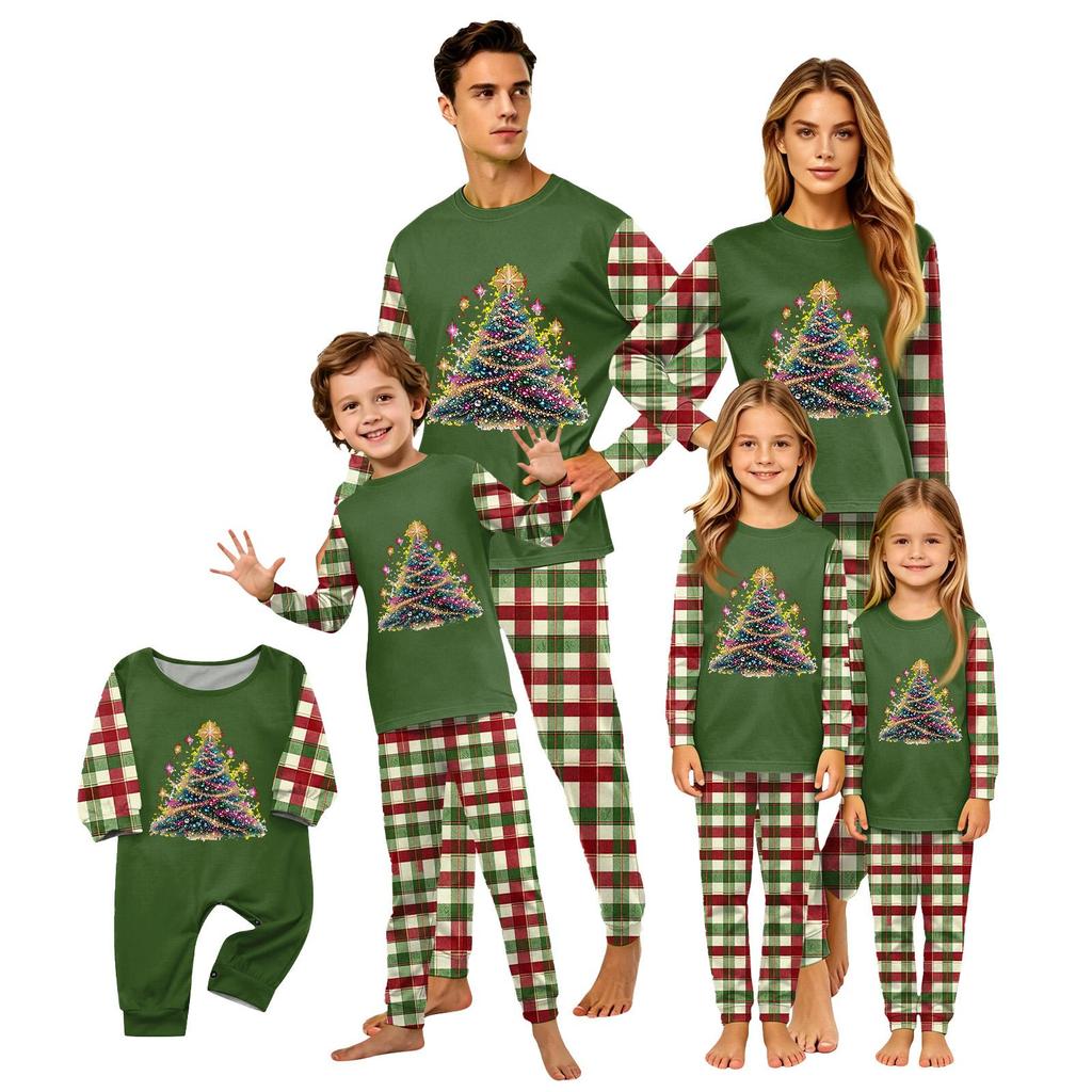 Christmas-print long-sleeve and long-pant matching family loungewear set