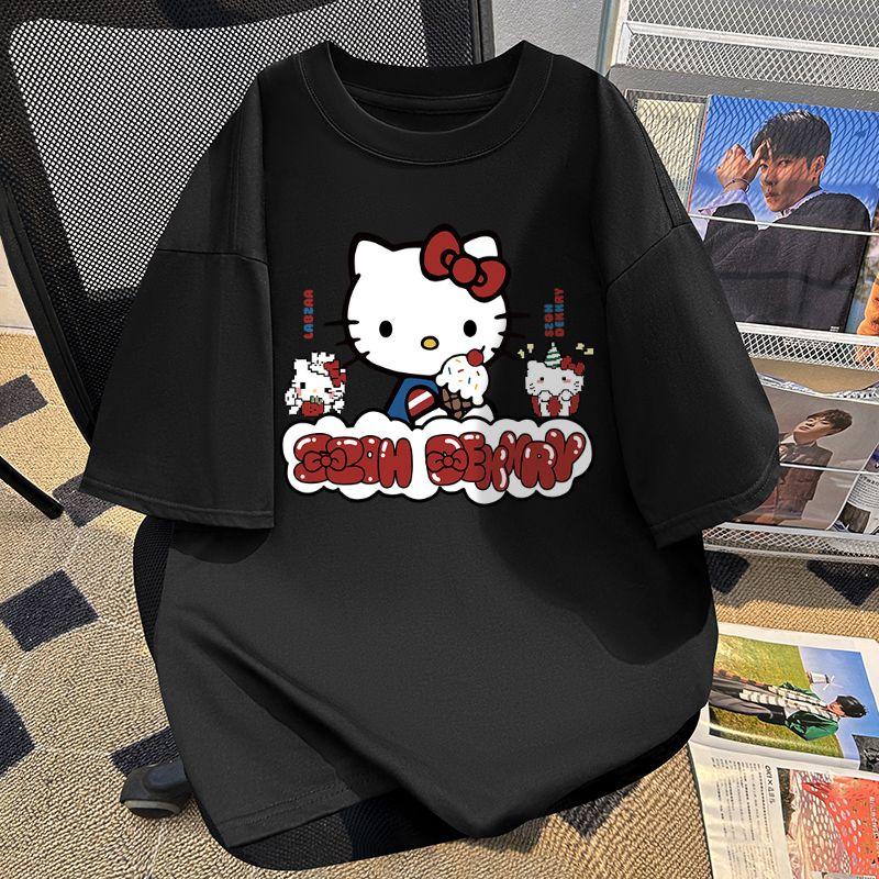 Cute KT Cat Print ShortSleeved TShirt for Women  2026 Summer New Style Casual Roundneck Cotton Top