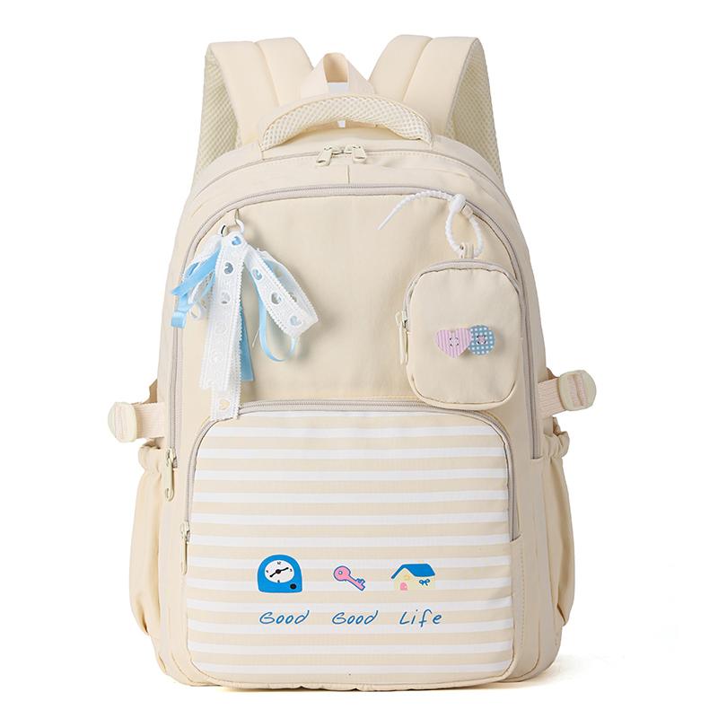 Stylish Backpack with Striped Front Panel and Cute Decorative Details