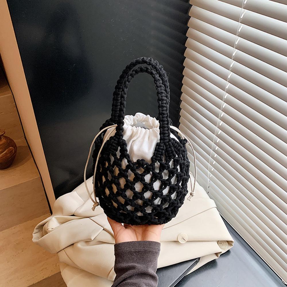 Mini Emmer Tas Gebreide Tas Bohemien Grote Capaciteit Geweven Tas Uitgesneden Koordtas Buiten zwart