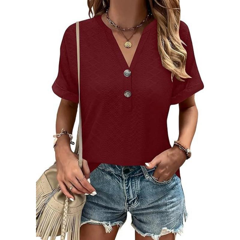 YYFS Camicette e camicie con scollo a V a maniche corte con stampa tinta unita primavera estate casual alla moda da donna