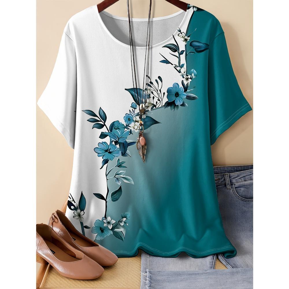 Summer Womens Retro Pattern 3D Printed Color Flowers T-shirt Loose Comfortable Soft Breathable Large Size Fashion O-neck T-shirt