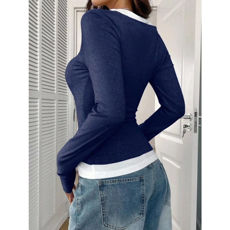 DAFIFY Damenmode, lässig, Frühling und Herbst, einfarbig, langärmelig, quadratischer Kragen, Blusen und Hemden