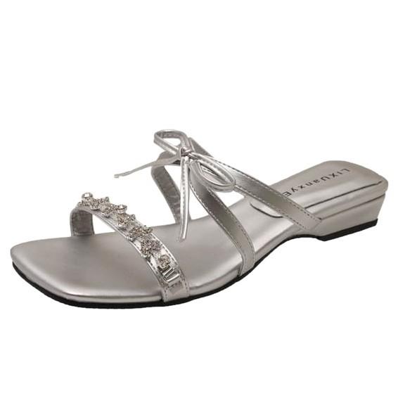 Coarse heel silver beautiful one-word slippers fairy shoes wear 2025 new summer French sandals rhinestone sandals
