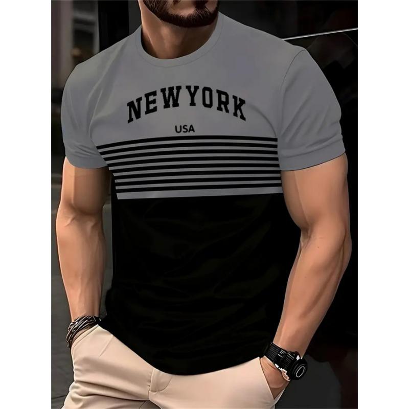 Summer Casual New York Text 3D Printed Men's Striped T-shirt Outdoor Sportswear Oversized Fitness Top Short Sleeved T-shirt for Men