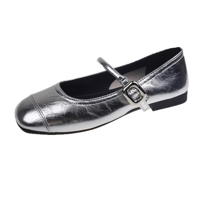 French with Skirt Mary Jane Shoes Women's Shoes 2025 Spring and Autumn New Korean Version Flat-bottomed Doudou Shoes Silver Small Leather Shoes