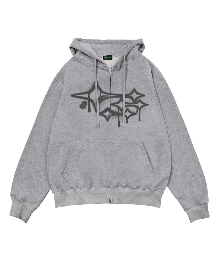 Escapefrom Graffiti Star Print Two-Way Zip-Up Hoodie Gray