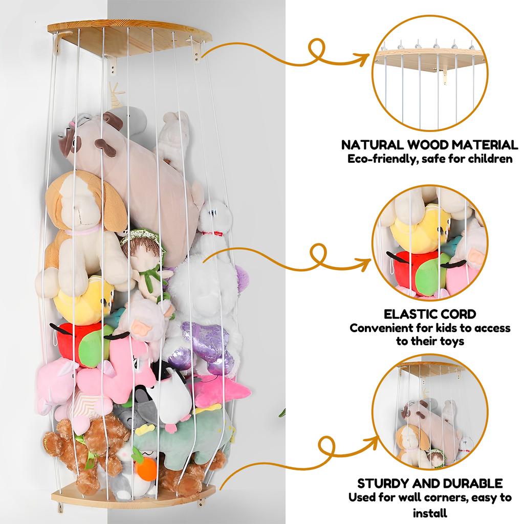 Stuffed Animal Storage Corner Cage Large Wooden Plush Toys Holder with LED Light Wall Hanging Corner Stuffed Animal Storage Rack