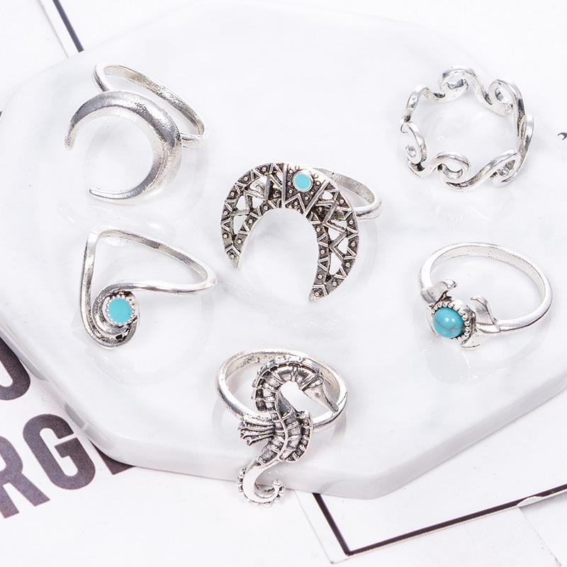 Exaggerated Seahorse & Moon Turquoise 6-Piece Ring Set