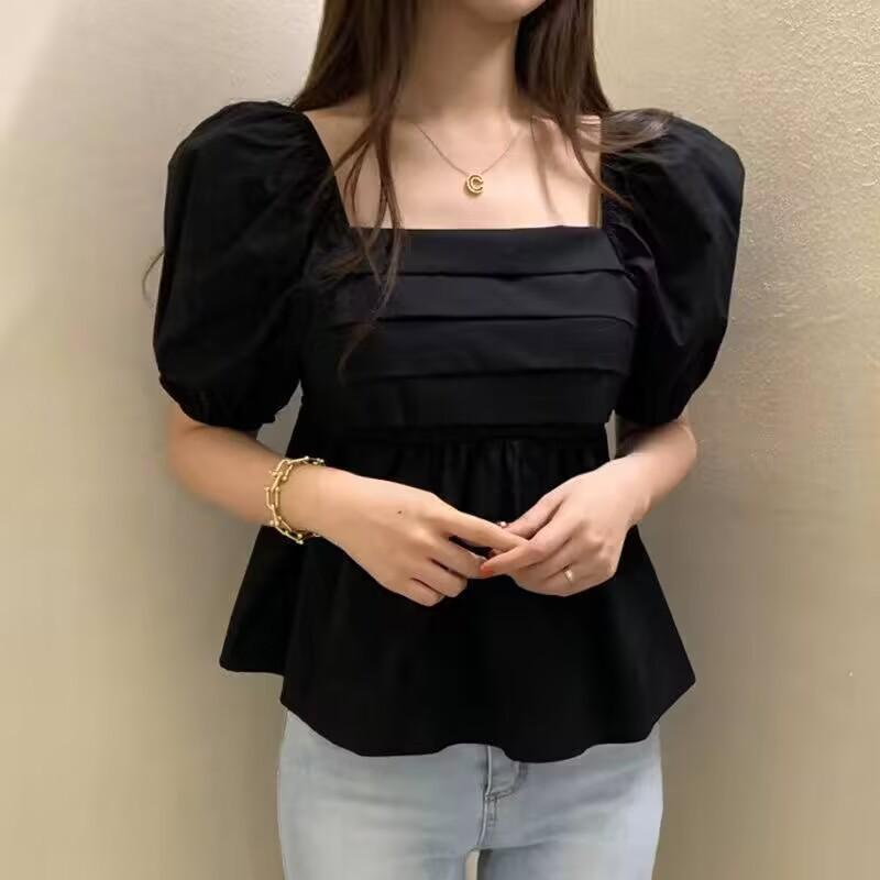 Elegant Square Neck Summer White Blouse Fashion Women New Puff Short Sleeve Shirt Ladies Sweet Tops 2026 Casual Simple Pleated Short Tops