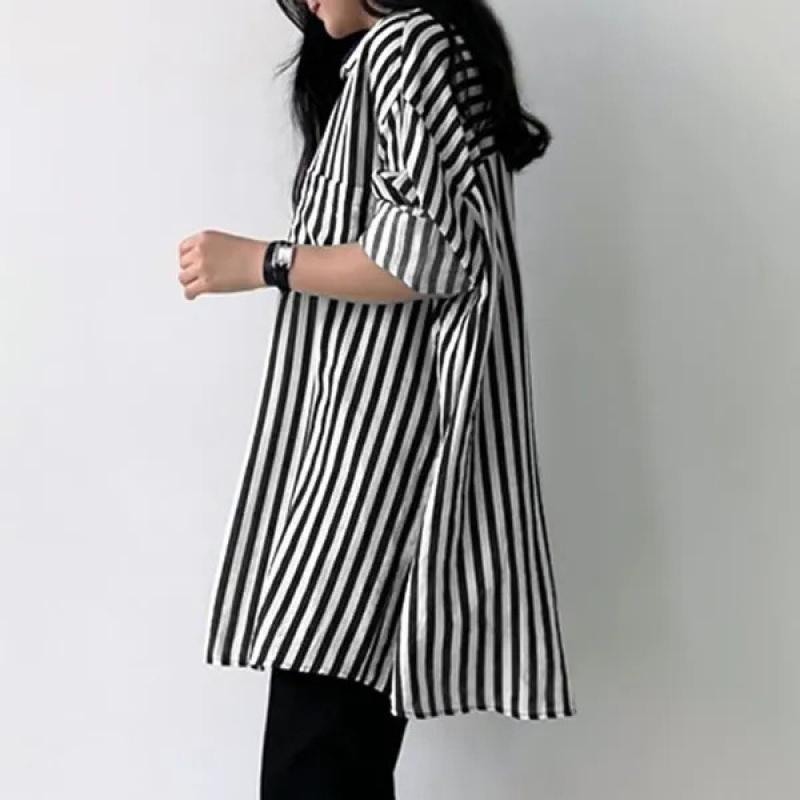 Frauen Drehen Unten Kragen Langarm Bluse Tops Frühling Sommer Lose Beiläufige Streifen Shirts