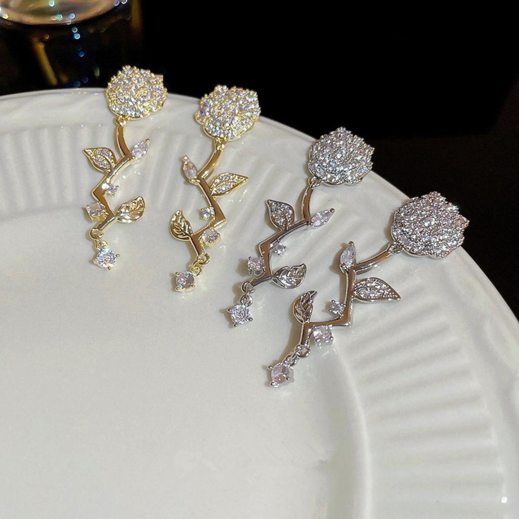 Rose Flower Drop Earrings for Women Sparkly Leaf Dangle Earrings Elegant Wedding Party Jewelry Gift