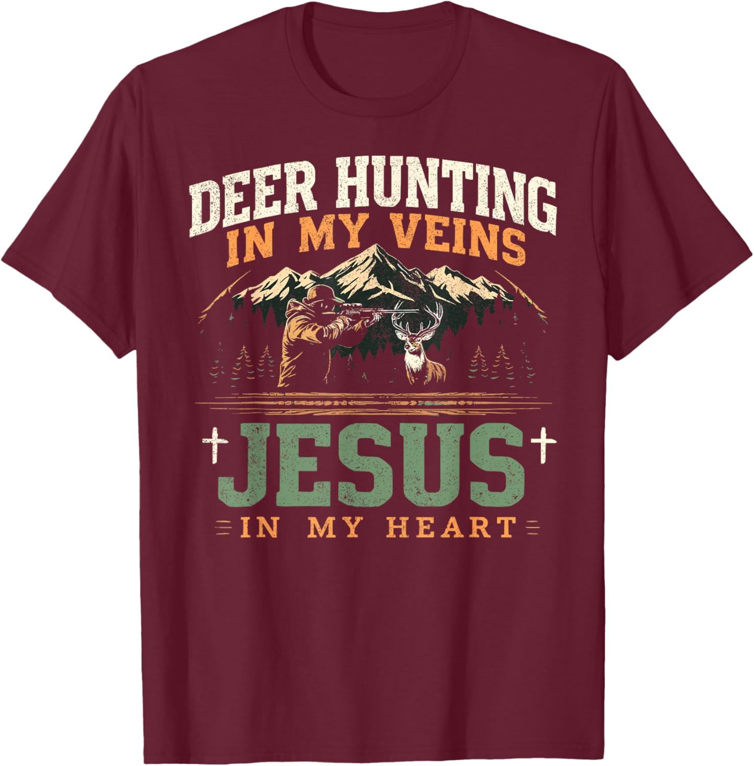 Deer Hunting In My Veins Jesus In My Heart Graphic Cotton T-Shirt Casual Daily Tee Outdoor Hiking T shirts 4XL