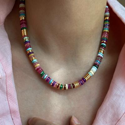 Minar Bohemia Candy Color Natural Stone Beads Beaded Necklace for Women Real Gold Plated Brass Strand Chokers