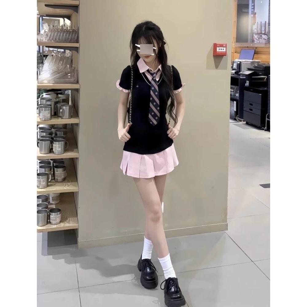 

Preppy Sweet & Spicy Two-Piece Dress: Summer Polo Collar Slim Fit Pleated Skirt S (fits up to 45 kg)