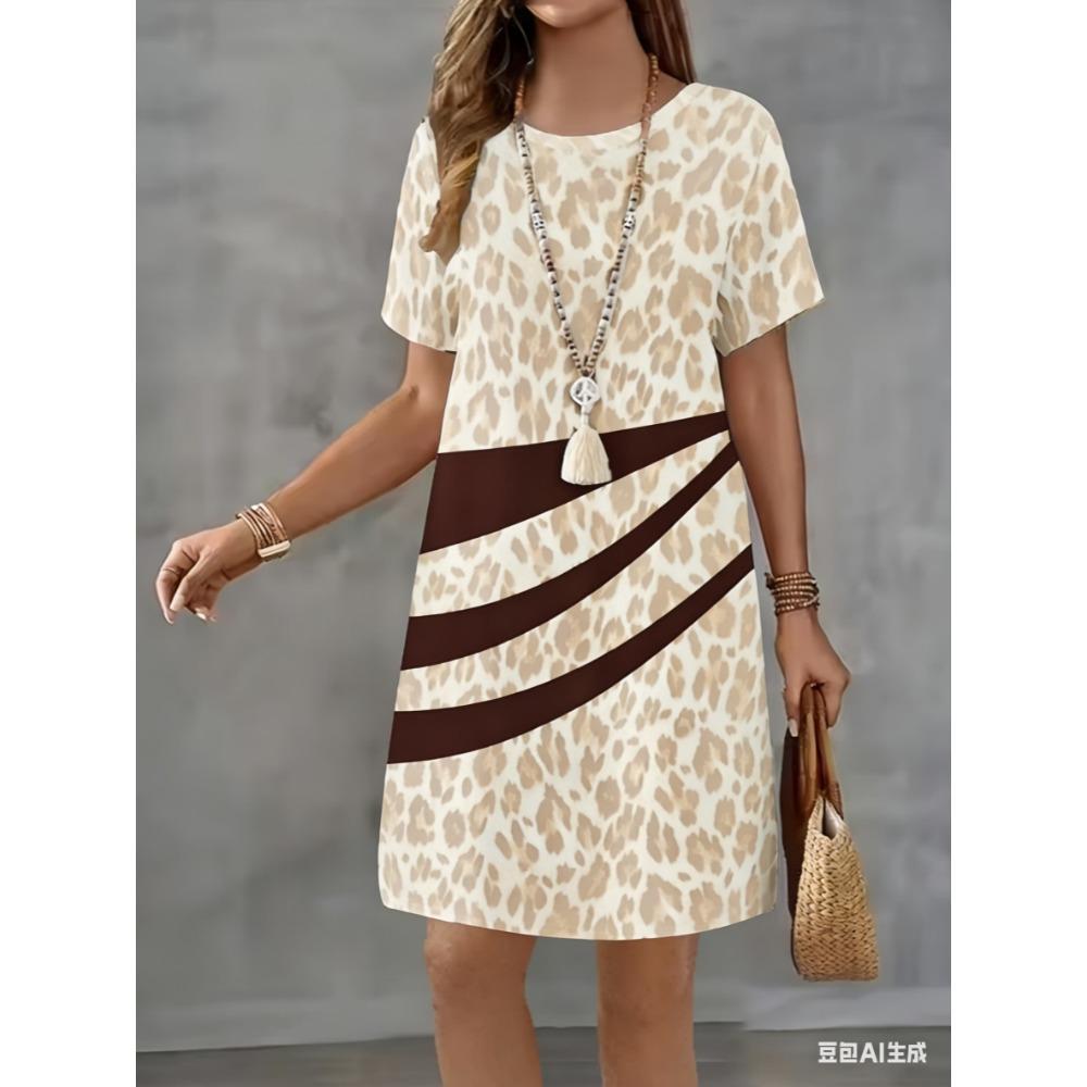 Short-sleeved fashionable yellow leopard print 3D printed women's round-neck loose mini dress for casual wear
