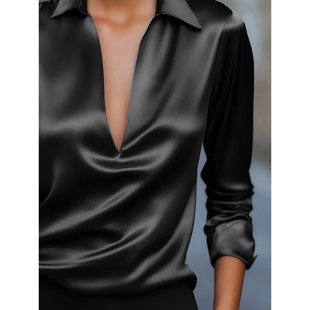Women's Elegant Solid Color Simple V Neck Long Sleeve Shirt, Casual Office Work Wear Slim Fit Basic Blouse Top