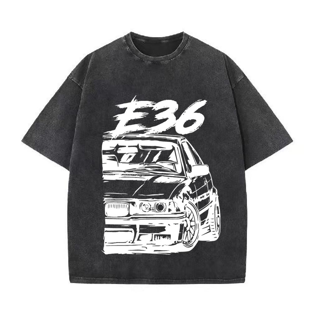 Retro Washed Vintage T-Shirt High Quality T Shirts E36 T-Shirt Summer Oversized Short Sleeve Clothes Cotton Loose Street Tops