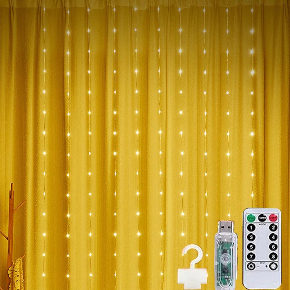 Waterfall Curtain Lights 300 LED 3X3M Fairy Lights Timer 8 Modes USB String Lights for Room Wall Party Xmas Indoor Outdoor Decor