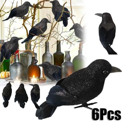 Halloween Decorations Outdoor Indoor - 6Pcs Black Fake Crows Scary Halloween Decorations, Black Birds Glitter Feathered Halloween Crows Raven Decor