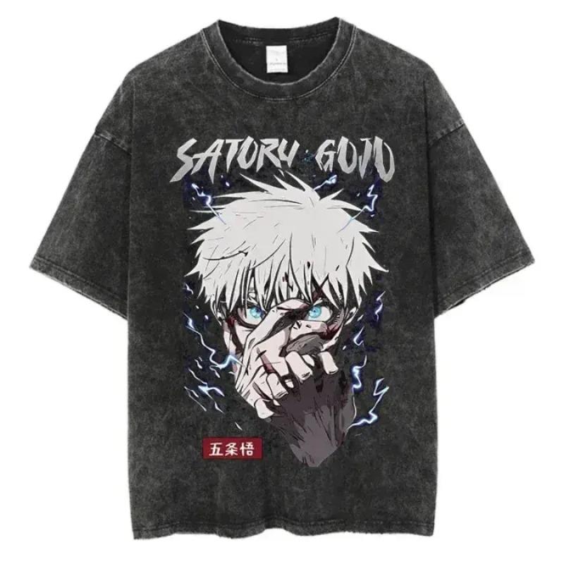 Japanese anime Jujutsu Kaisen  summer New Unisexs Washed Tshirt Gojo Satoru pattern Unisex  Cotton ShortSleeve YK Shirt M