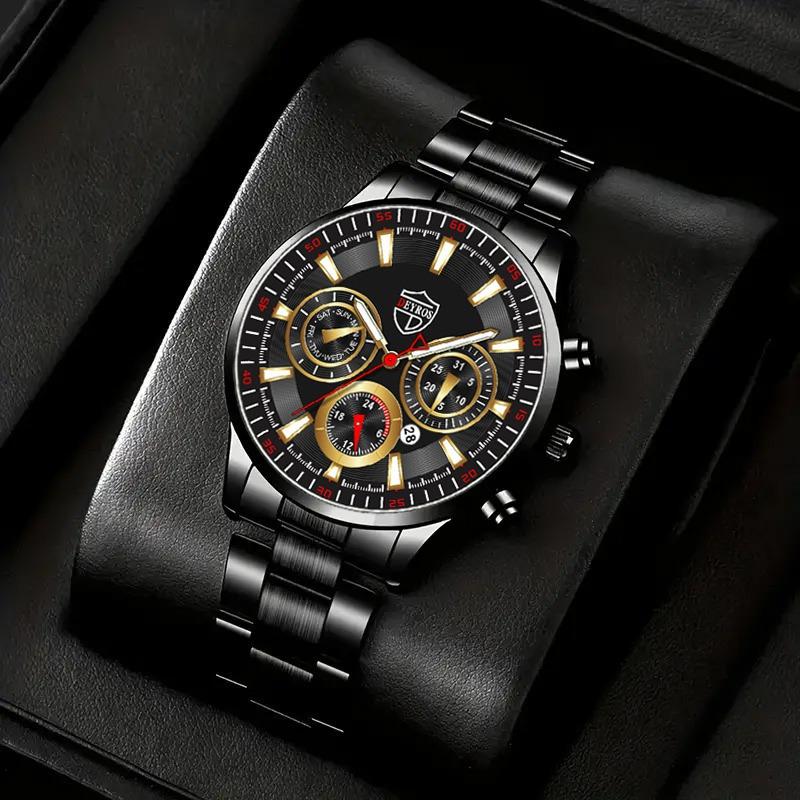 2PCS Set DEYROS Luxury Men's Watch Fashion Men's Calendar Watch Casual Men's Stainless Steel Strap Quartz Watch&Bracelet