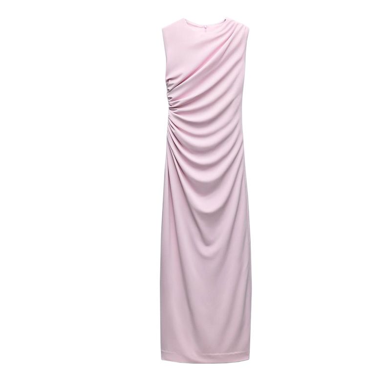 Spring New Arrival French Style Slim-Fit Evening Dress Round Neck Sleeveless Ruched Decoration Midi Skirt Dress 8312478