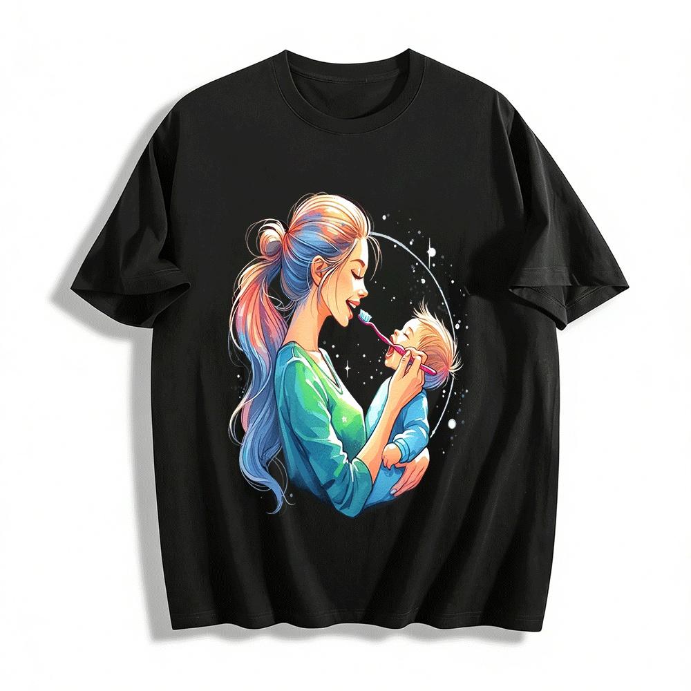 Warm Parent Child Tooth Brushing Interactive Print Adult T-shirt Pure cotton T-shirt XXS