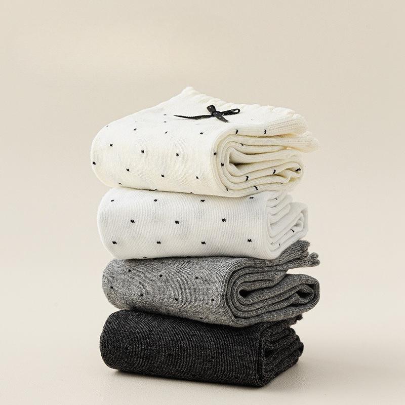 Women's Mid-calf Socks, Boneless Cotton Socks for Spring and Autumn, Polka Dot Lace Bow Long Socks, Polka Dot Versatile Socks, Pile Socks