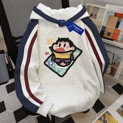 New American Versatile College Style Hooded Sweatshirt for Men and Women In Fall and Winter Crayon Shin-chan Cartoon Printed Velvet Top