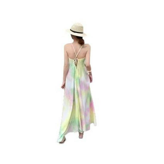 Beach Holiday Rhinestone Tie-Dye Spaghetti Strap V-Neck Dress, Backless Long Style for Women (2026 Collection)