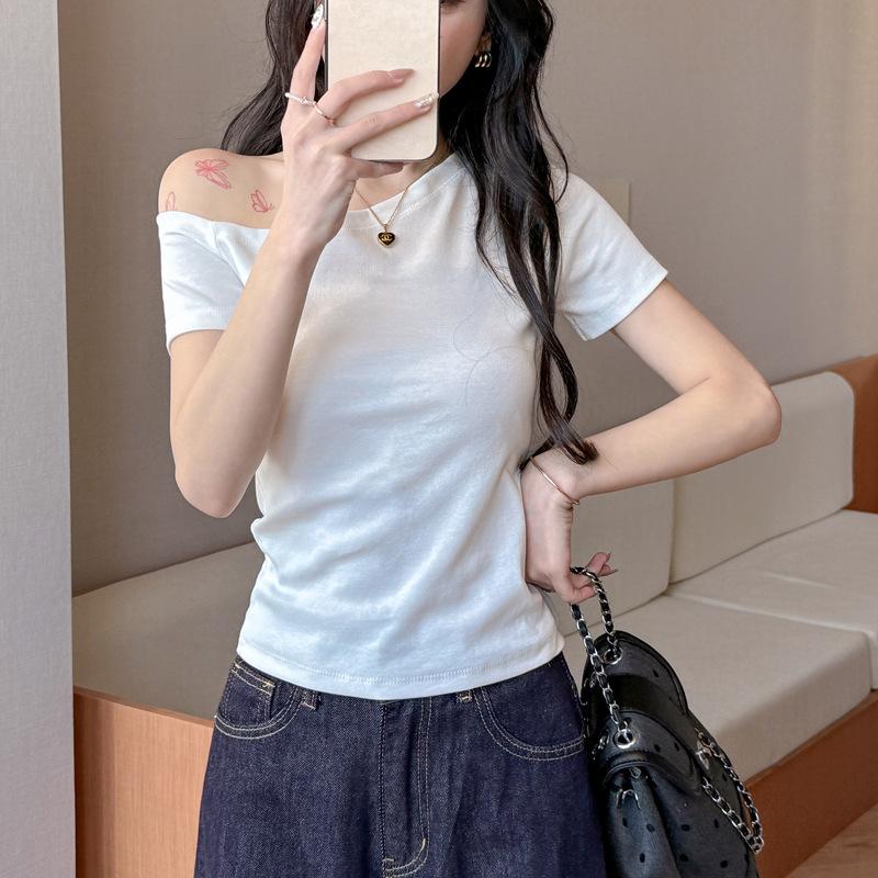 

Summer black one-word shoulder slanted shoulder short-sleeved T-shirt women s design sense niche temperament off-shoulder loose lazy style top Xl (suitable for weight 65-75kg ) білий