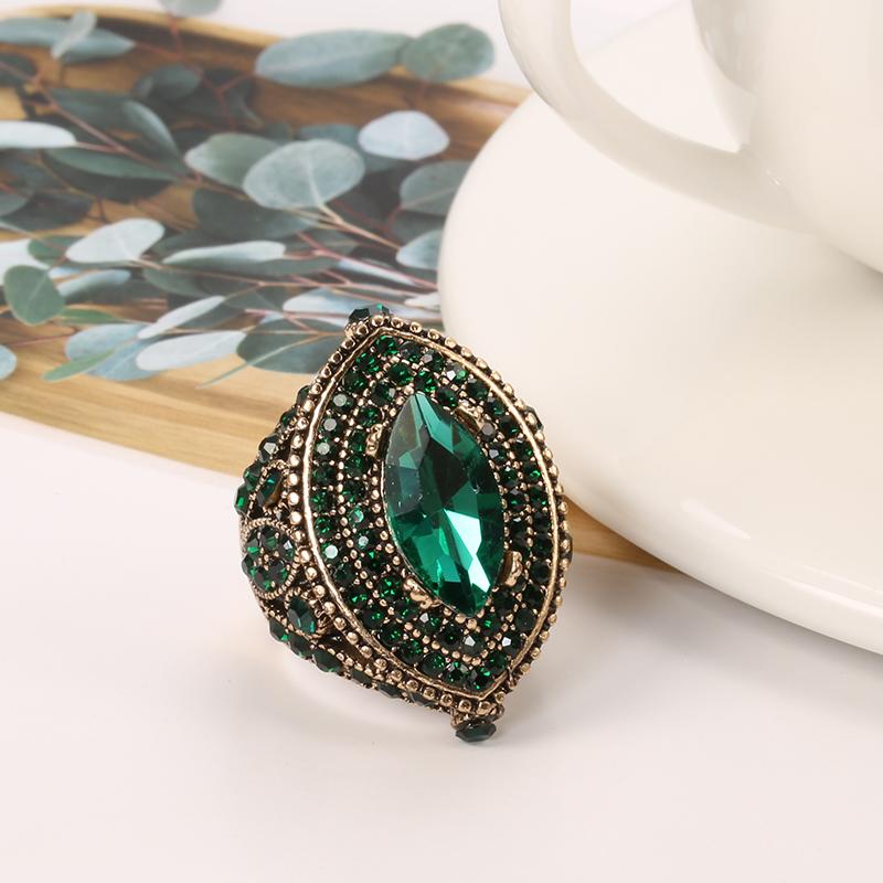 Antique Ring For Luxury Women Vintage Look Aaa Green Crystal Boho Jewelry Gold Color Charm Ethnic Wedding Ring