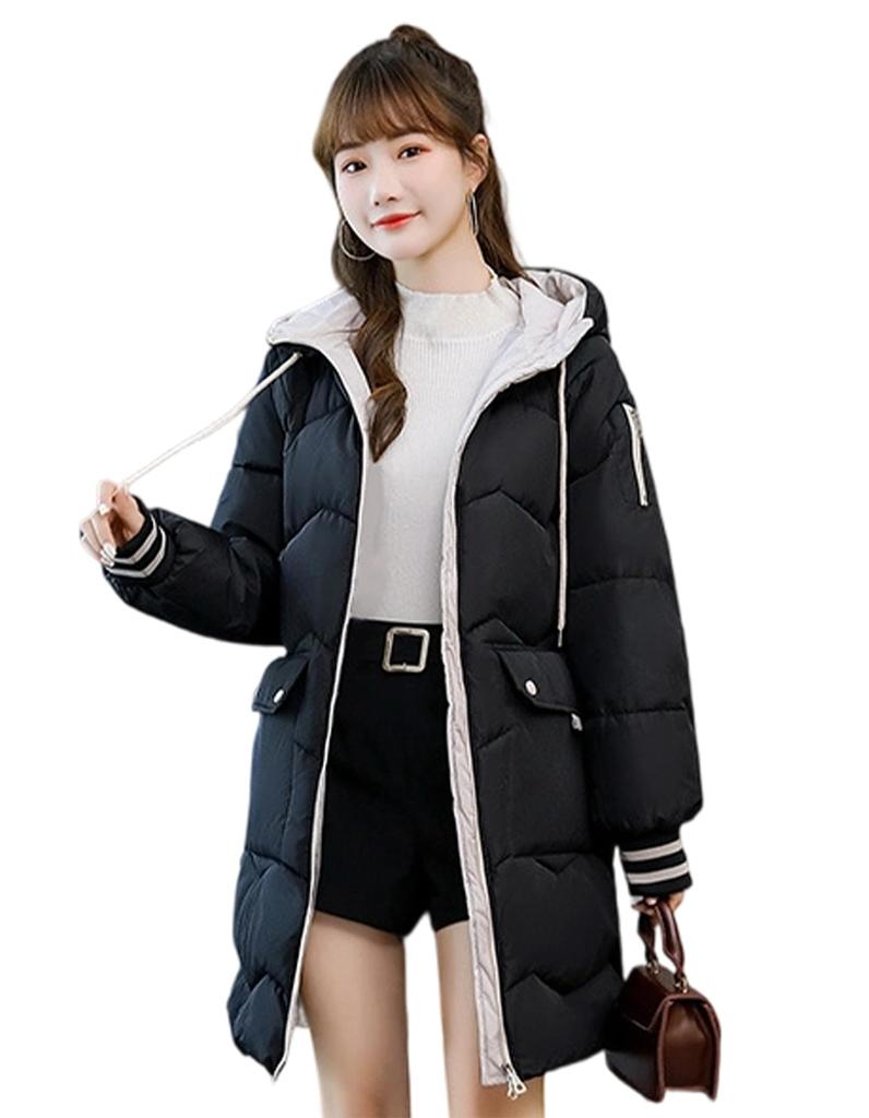 inotenka Long Winter Padded Simple Warm for Commuting and Sizes Women's Coat, Outerwear, Hooded, Thick, Jacket, Design, School, S-XL (M, Black)