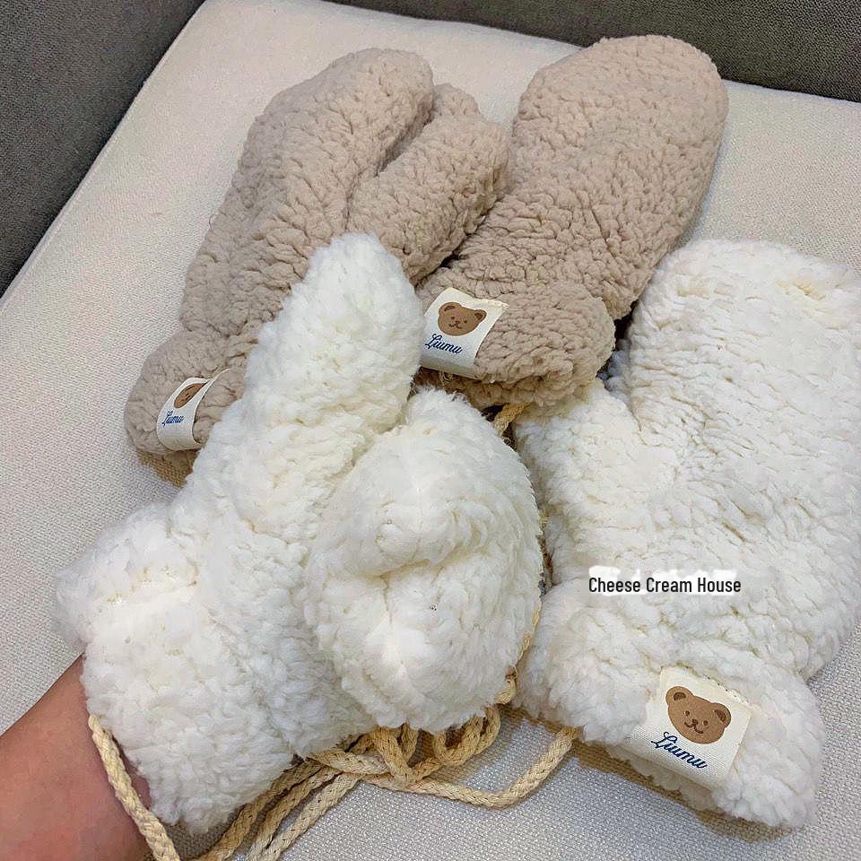 Cute Bear Plush Women's Winter Cycling Halter Neck Gloves - Warm, Thickened, Plus Velvet Cotton.