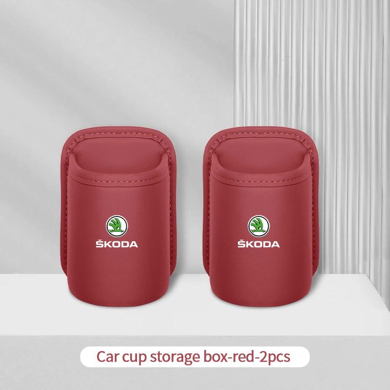 HIAQ2 Leather Car Door Side Water Cup Holder Interior Storage Box For Skoda Superb Octavia Rapid Karoq Enyaq Fabia Kamiq Yeti Scala