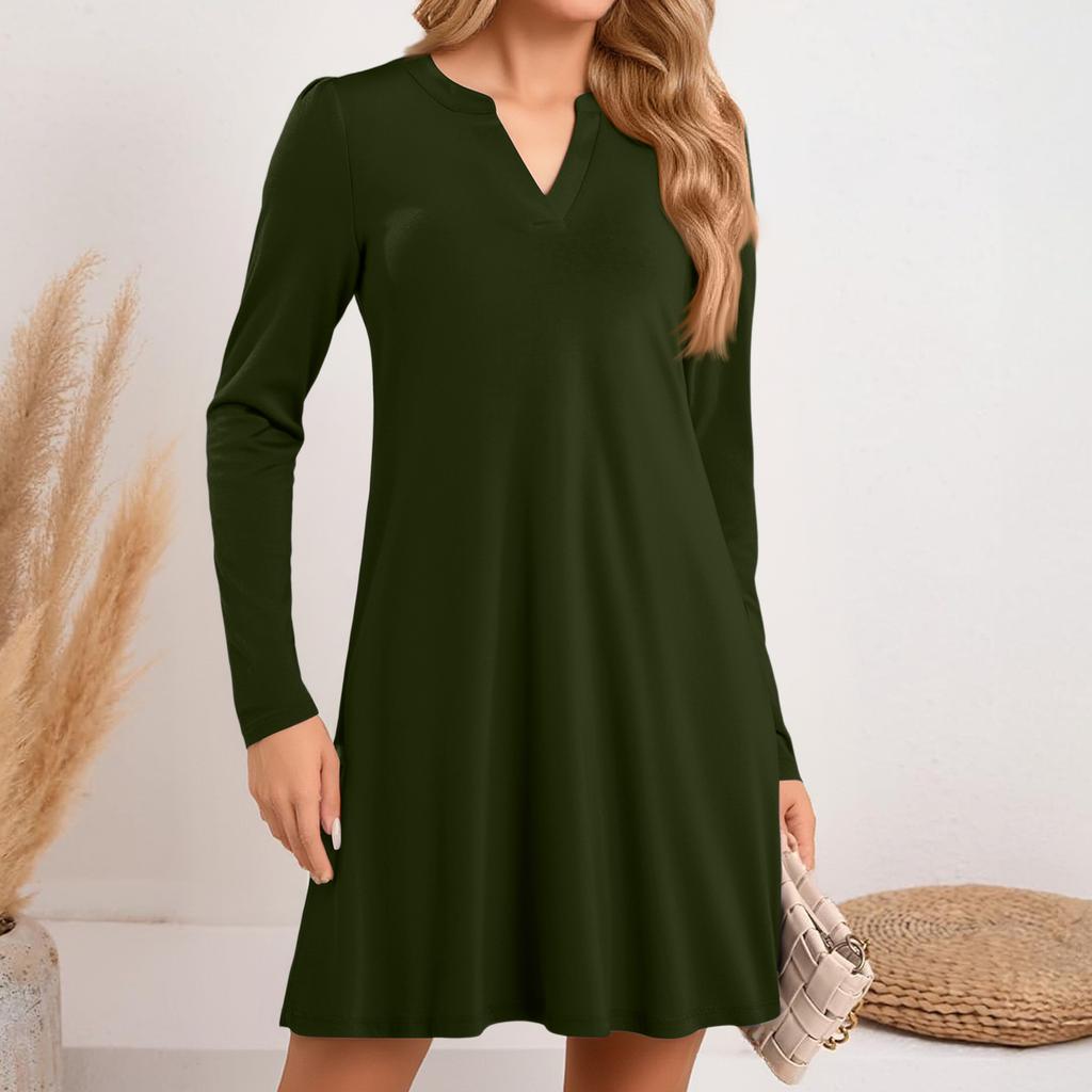 Women's Solid Color Dress Loose V-neck Casual Fashion Long Long Sleeved Dress