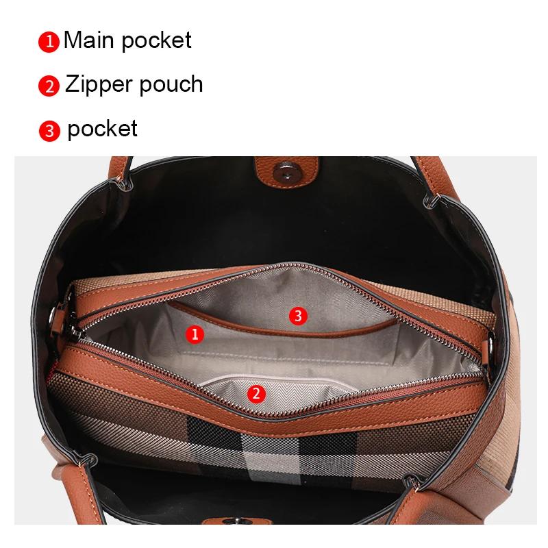 Striped Textured Fabric Tote Handbag Faux Leather Edge Splicing Wide Handle Ladies Daily Commuter Large Shoulder Bag