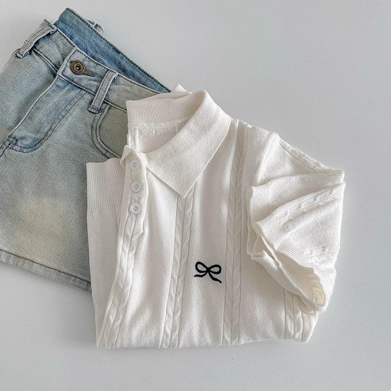 Women's Slim Fit Polo: Sweet Bow Embroidered Short-Sleeve Knit T-Shirt