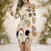 Women Plus Size Chain Strap Cold Shoulder Long Sleeve Printed Asymmetrical Bodycon Dress