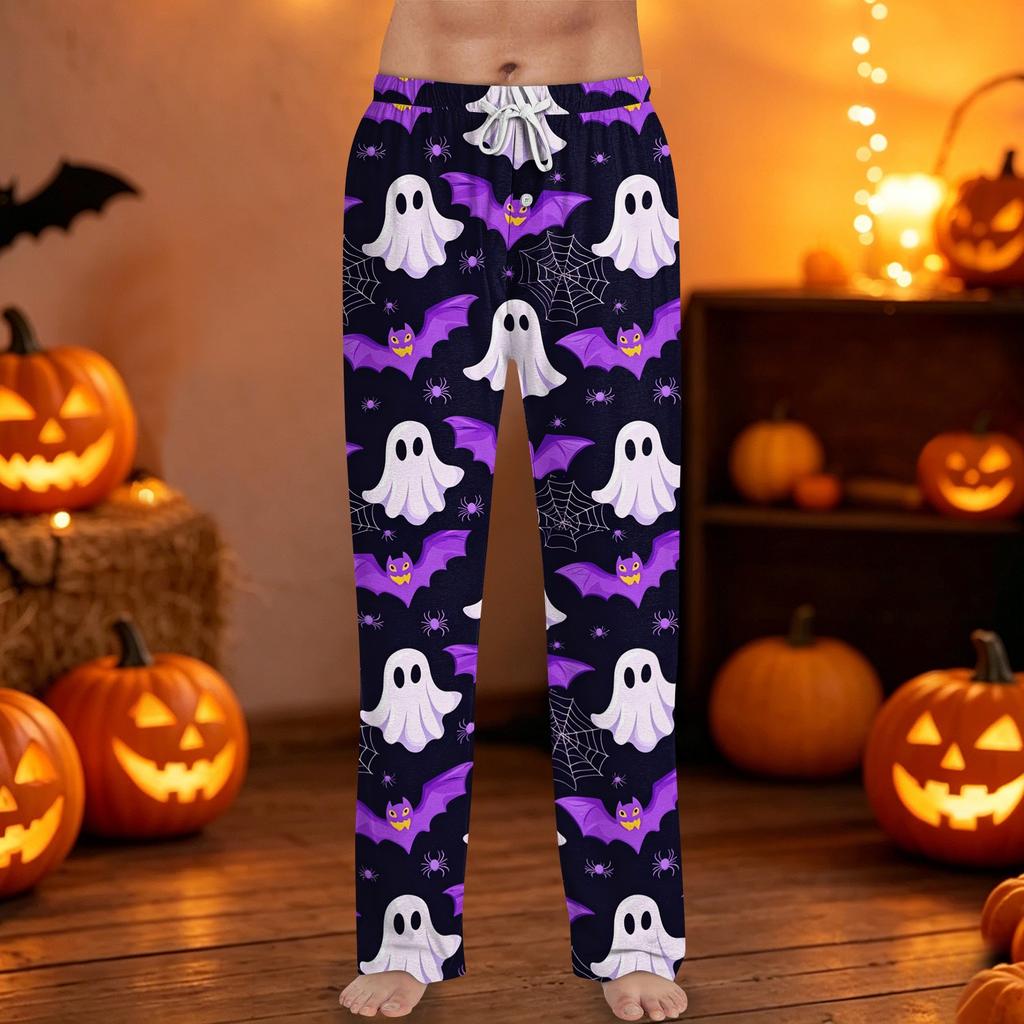 Men's Halloween Printed Drawstring Lounge Pants Casual Relaxed Fit Sleepwear with Pumpkin and Bat Pattern for Home and