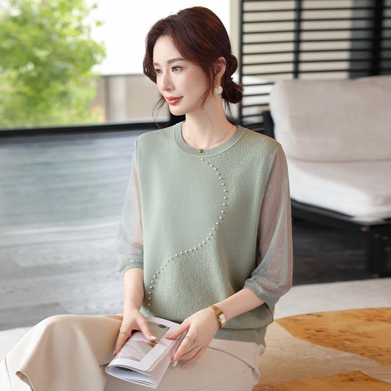 

Spring/Summer Slim-Fit Knitted Mesh Top for Middle-Aged & Elderly Women - Age-Defying, 3/4 Sleeves, Loose Fit T-Shirt 115 (110-125 jin) зелений